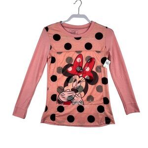 Disney Boutique Youth Top Size XS Minnie Mouse Long Sleeve Polka Dot Pink Peach